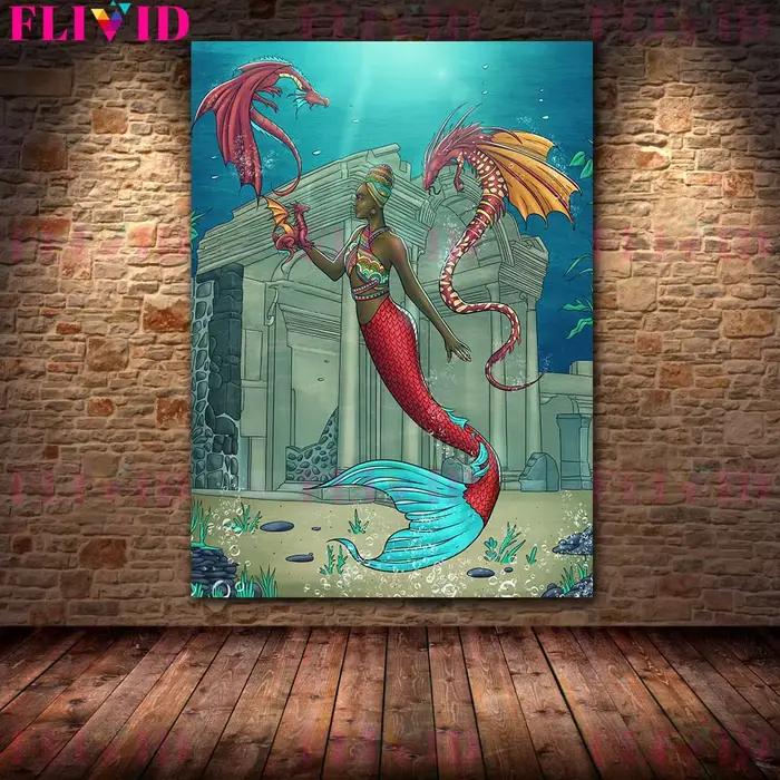 Affiche murale de sirène de fille noire, peinture sur toile de reine noire imprimée, décoration de m
