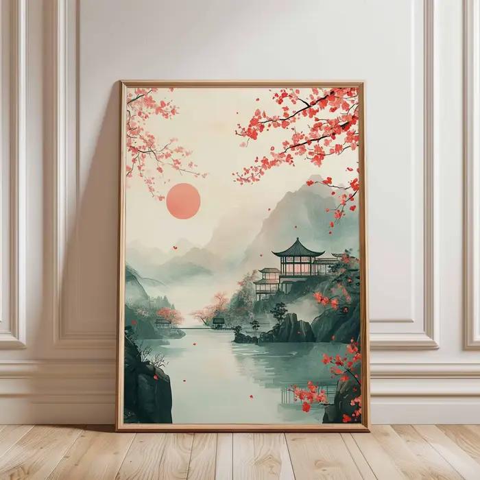 Affiche imprimée sur toile avec motif de fleurs de cerisier japonaises, style Japandi, paysage vinta