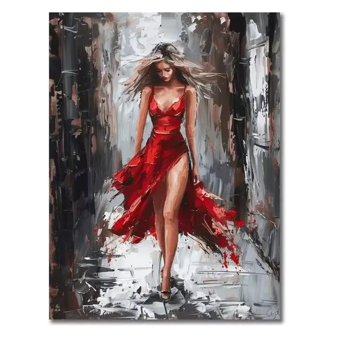 Peinture sur toile de femme élégante en robe rouge, décoration murale, œuvre d'art pour bureau, affi