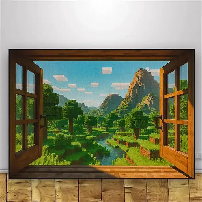 Affiche de jeu vidéo avec vue de fenêtre Steve, Pixel World Sandbox, peinture sur toile, images d'ar