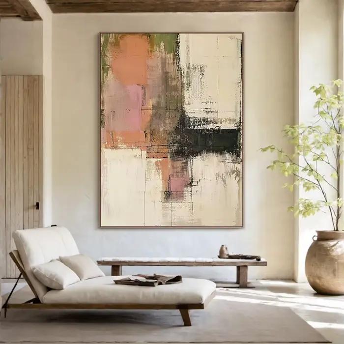 Peinture à l'huile abstraite originale Mhemyo, grande taille, beige neutre, art mural texturé, décor
