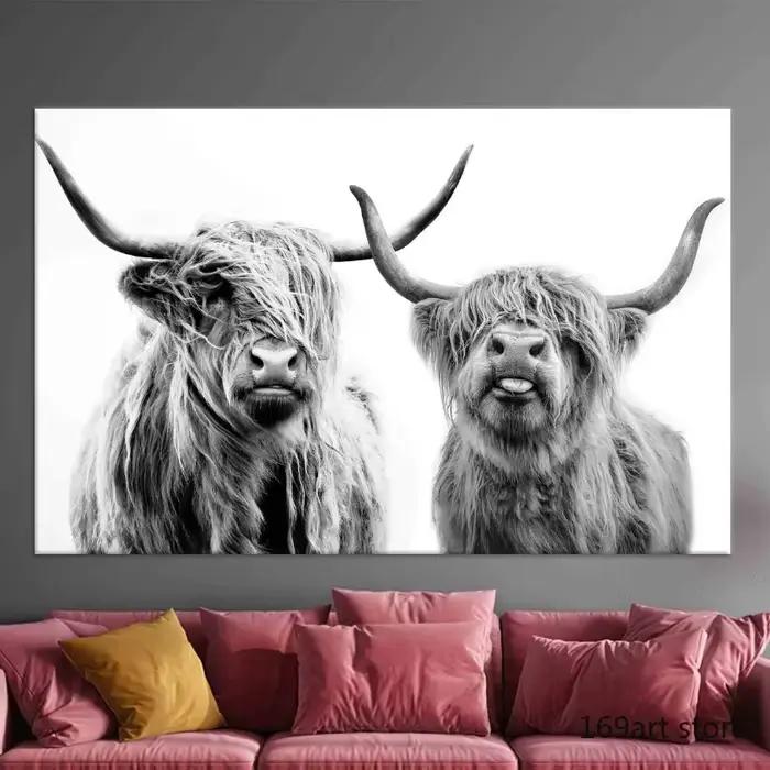 Peinture sur toile avec vache brune, style scandinave, affiche murale Yak, image d'animaux de ferme 