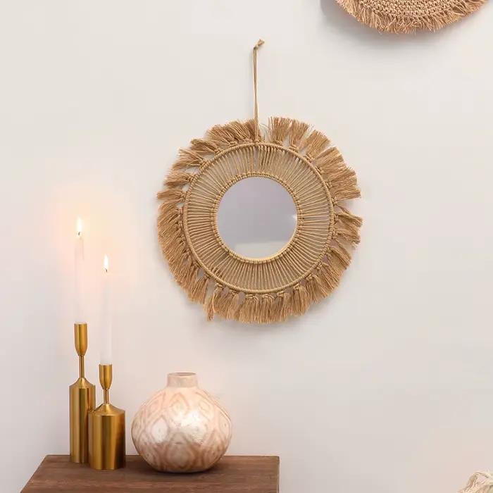 Miroirs muraux ronds, décoration de chambre, miroir décoratif tissé à la main, miroir mural suspendu