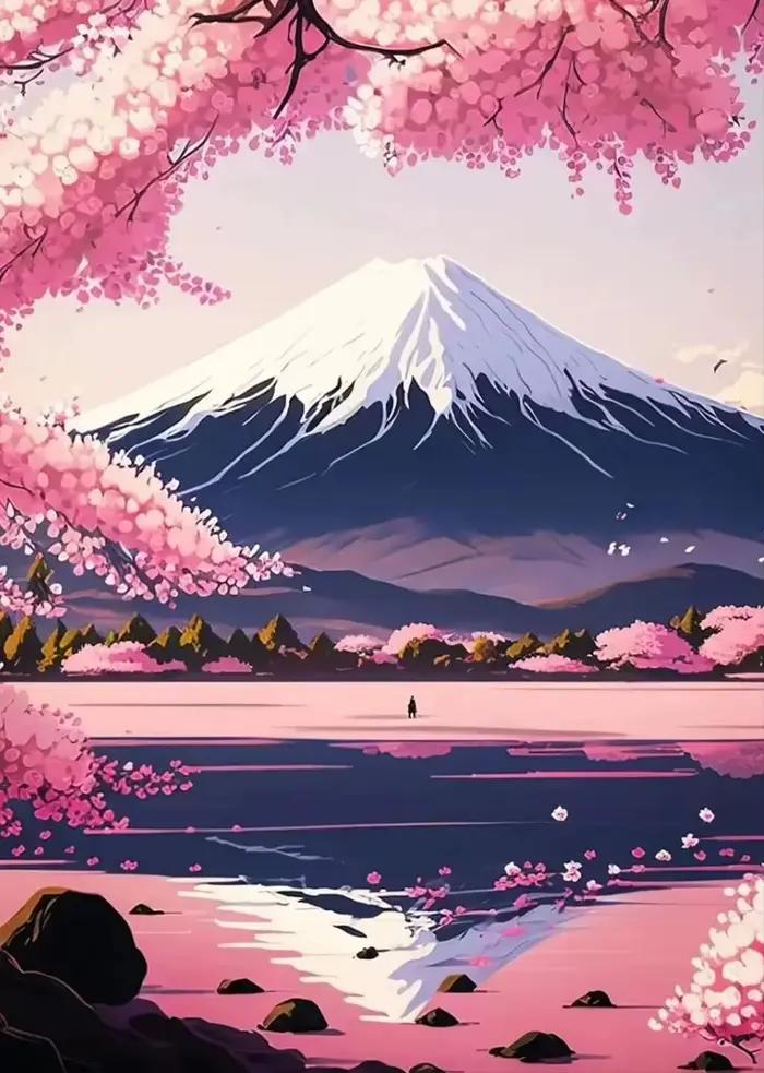 Affiche de paysage japonais en fleurs de cerisier Fuji, coucher de soleil de montagne, Tokyo, peintu
