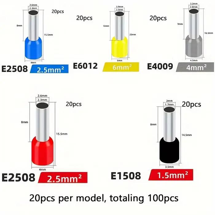 Combinaison de bornes de tubes électriques, 100 pièces, bloc tubulaire VE, connecteurs d'extrémité d