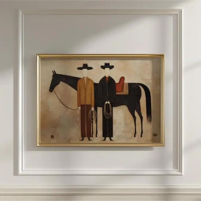 Peinture à l'huile abstraite figurative de cheval style cowboy, Art mural occidental contemporain Ja