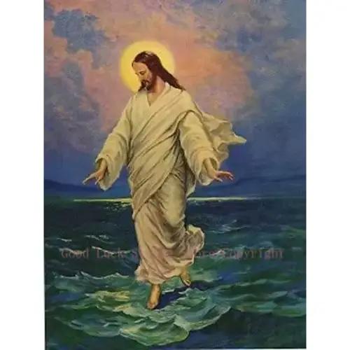 Peinture à l'huile de fond de lune | Jésus-Christ marchant sur l'eau, peinture à l'huile peinte à la