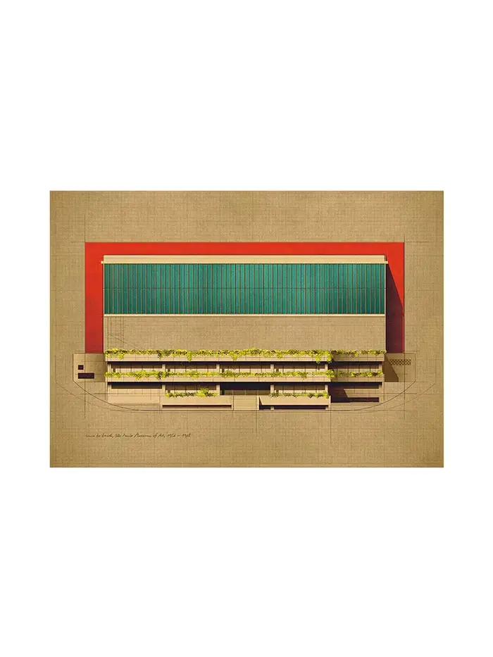 Lina Bo Bardi, Musée d'Art de São Paulo, 1956-1968, Art mural, Dessin de bâtiment vintage, Peinture 