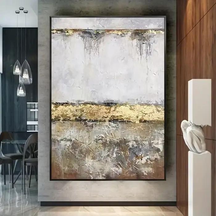 Grande peinture sur toile texturée abstraite beige-brun faite à la main, style bohème, décoration mu
