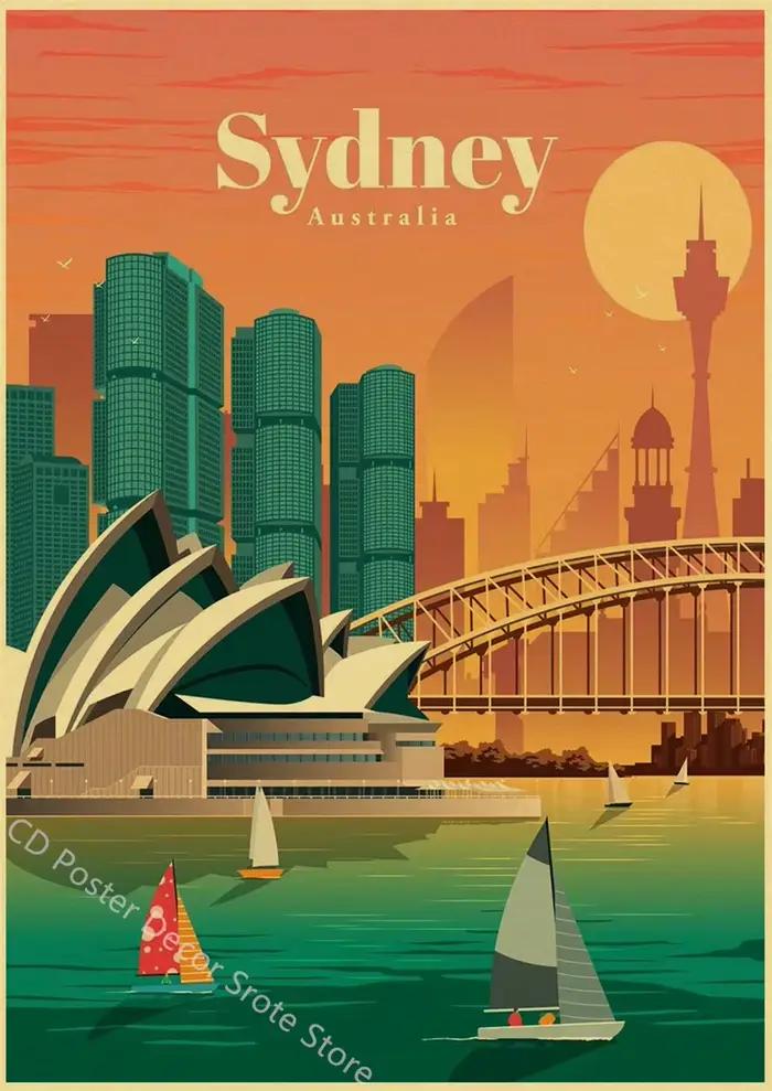 Affiche de voyage des villes mondiales, Rome, Sydney, Paris, dubaï, imprimés rétro, Architecture de 