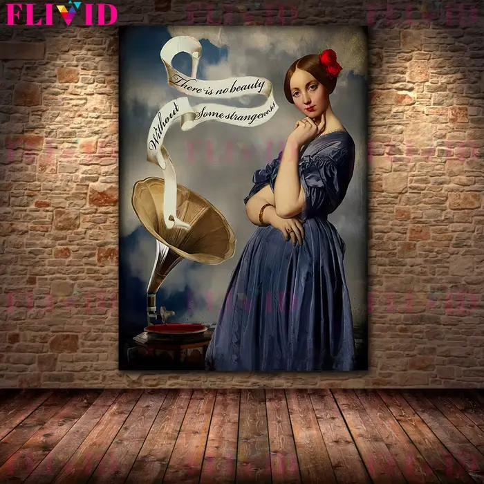 Gramophone et corbeau fille victorienne Vintage mur Art toile peinture citation poésie littérature G
