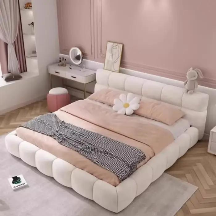 Lit double avec cadre, tête de lit esthétique, tables de chevet pour enfants, rangement intégré, mob