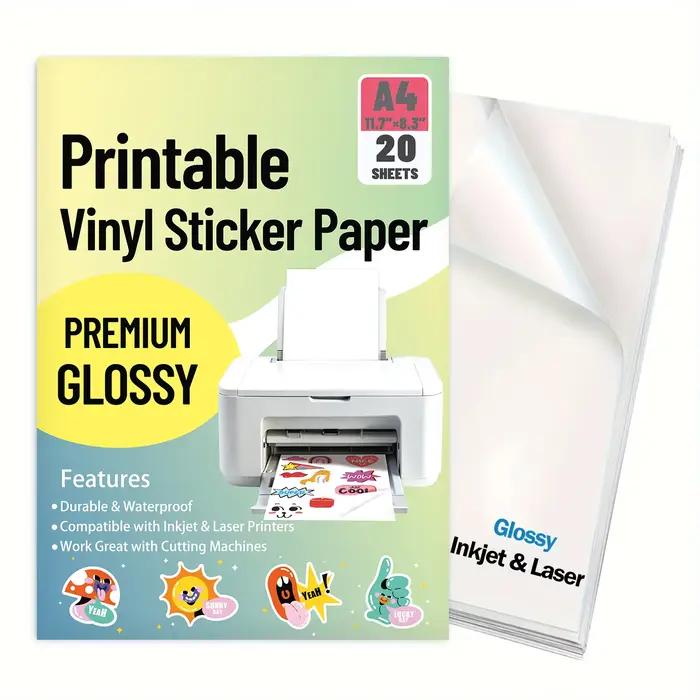 20 feuilles de papier autocollant en vinyle brillant A4, imprimable par imprimante jet d'encre, auto