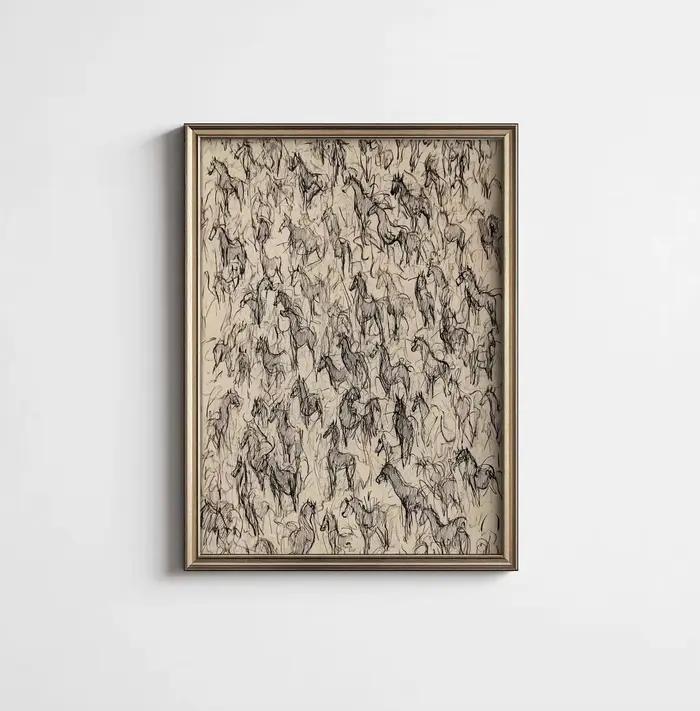 Affiche murale imprimable avec croquis de chevaux sauvages, impression artistique équestre minimalis