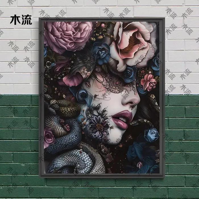 Belle femme, fleurs et serpent, peinture sur toile d'art mural gothique, esthétique sombre fantastiq