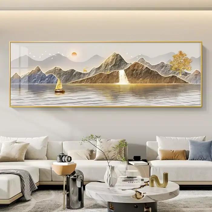 Peinture abstraite sur toile de montagne dorée, affiches et impressions de paysage traditionnel, art
