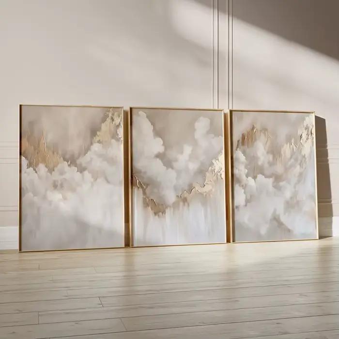 Lot de 3 impressions triptyques d'art beige, art mural moderne abstrait nuage doré, œuvre d'art douc