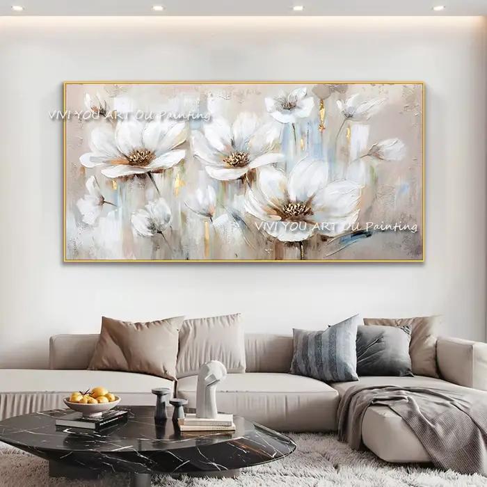 Peinture à l'huile abstraite sur toile dorée et blanche, fleurs blanches peintes à la main, art mura