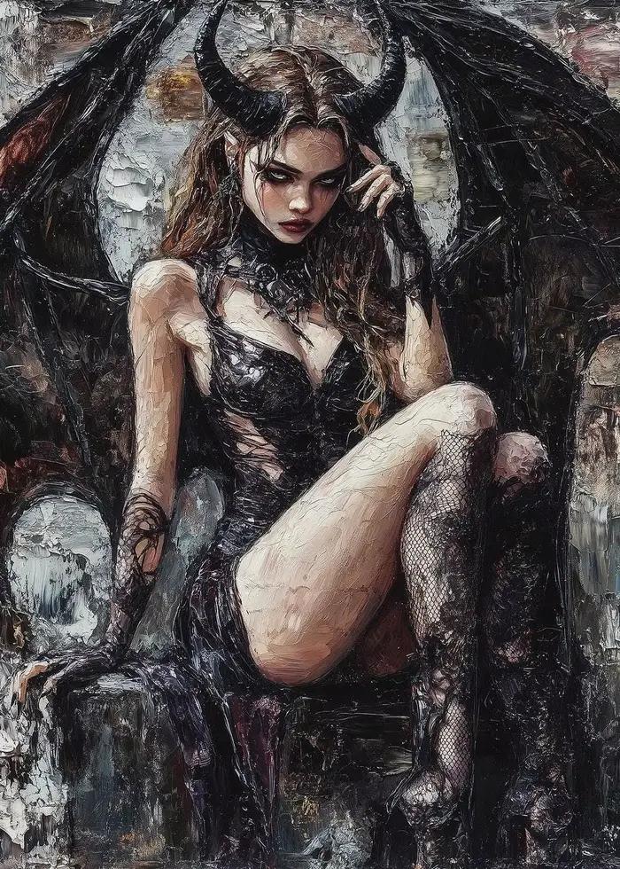 Belle déesse à cornes imprimée d'art Lilith, dieu féminin Sexy avec ailes de Dragon noir, décor de p