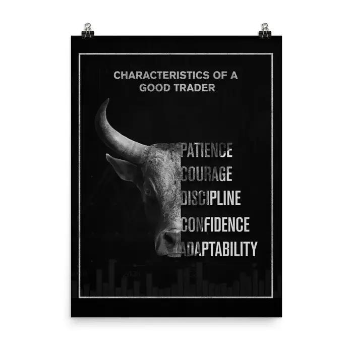 Affiche de motivation Nano istic d'un bon trader Patience Courage Discipline, marché boursier, décor