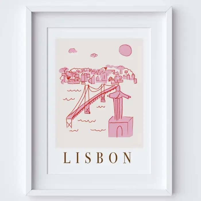 Skyline City Landscape Poster, Line Abstract Pink Art Painting, Canvas Printing, Wall Decoration, Ho