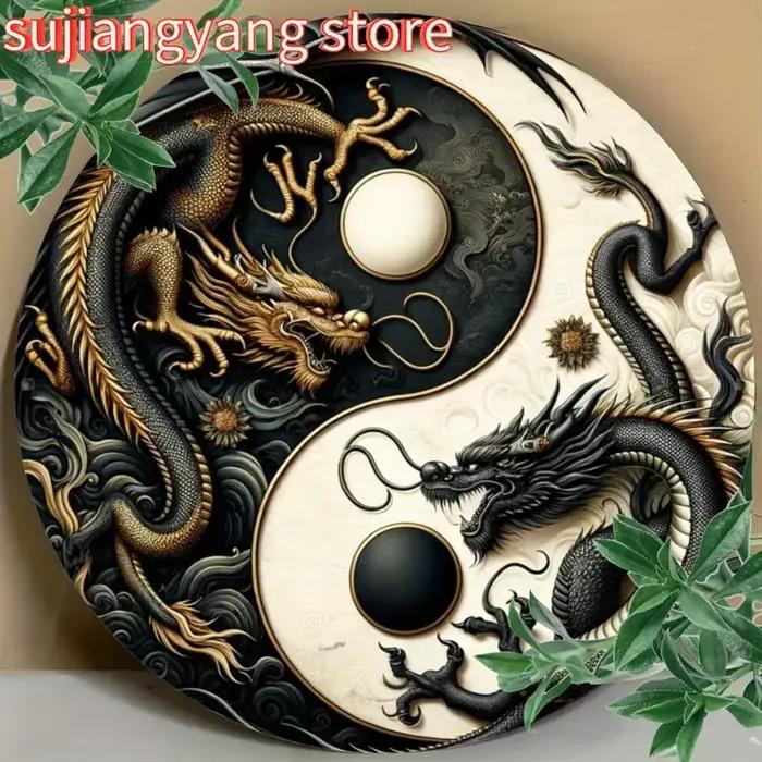Panneau métallique Dragon chinois Yin-Yang – Art mural Oriental noir et blanc pour la maison, le bur