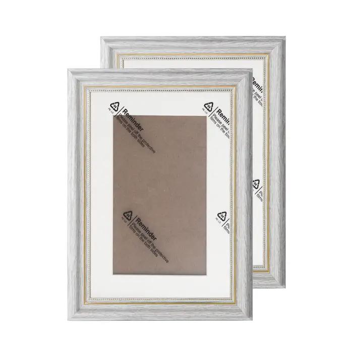 Lot de 2 cadres photo blancs vieillis avec passe-partout et bordure dorée perlée, style vintage farm