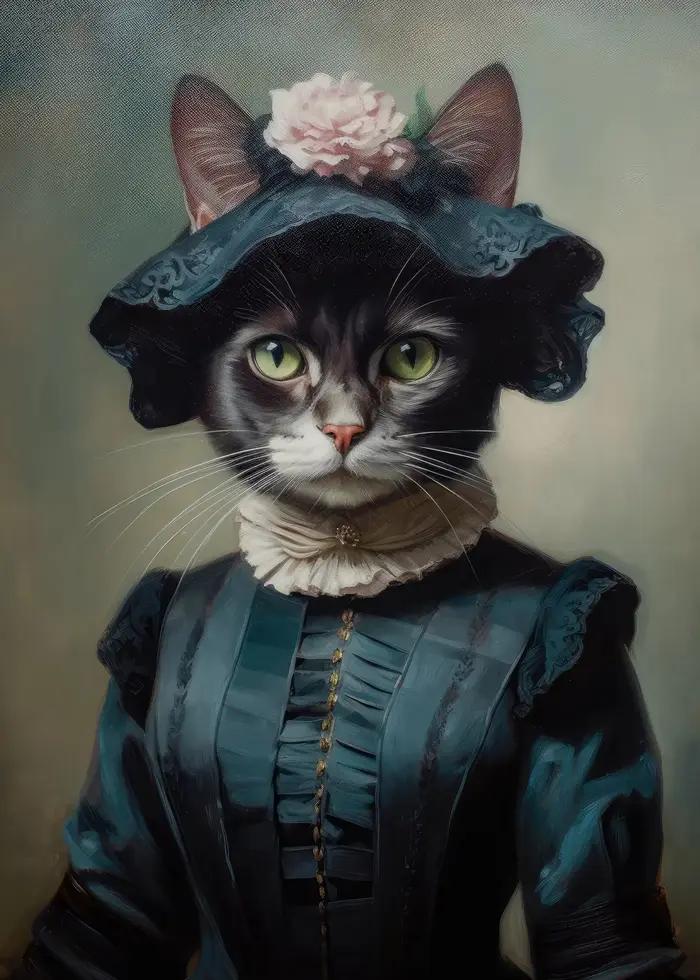 Portrait de chat de la Renaissance Vintage, chat noir, affiche gothique victorienne, peinture sur to