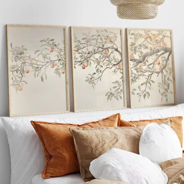 Lot de 3 affiches murales vintage avec branches de pommier, peinture aquarelle neutre, triptyque bot
