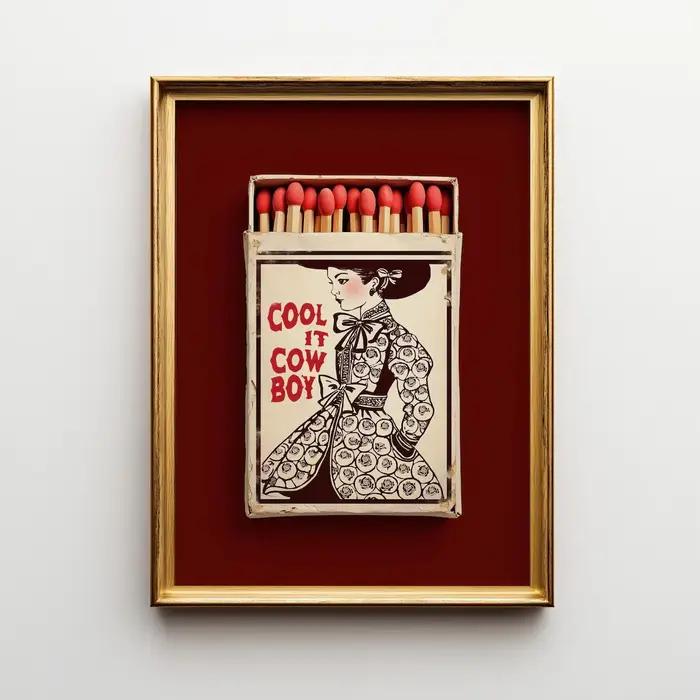 Art mural encadré Western bordeaux – Impression Cool It Cowboy Matchbox, décoration romantique rouge