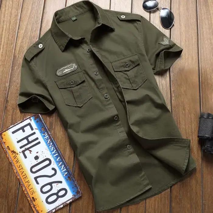 Chemise Militaire à Manches Courtes pour Homme, Vêtement d'Été, Couleur Unie, Haute Qualité, 100% Co