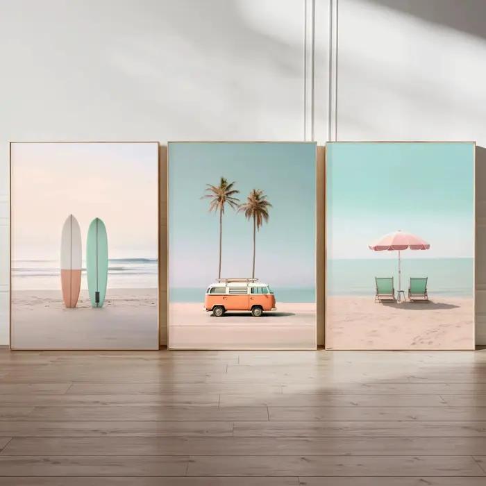 Lot de 3 affiches rétro de surf, impressions d'art de plage, motifs estivaux pastel pour décoration 