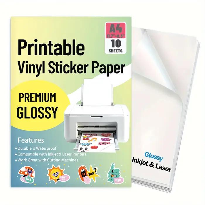 10 feuilles de papier autocollant en vinyle brillant A4, imprimable par imprimante à jet d'encre, au