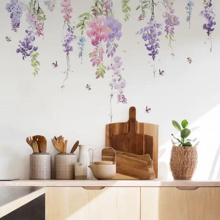 Autocollants muraux floraux plantes à fleurs, décoration de chambre à coucher, papier peint adhésif 