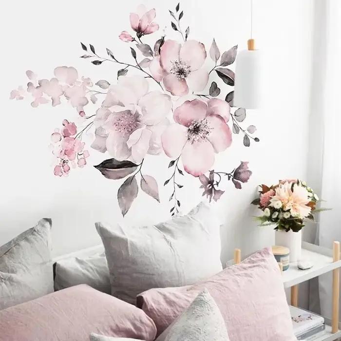 Autocollant mural 30x90cm, grappe de fleurs roses aquarelle, décoration de fond de maison pouvant êt