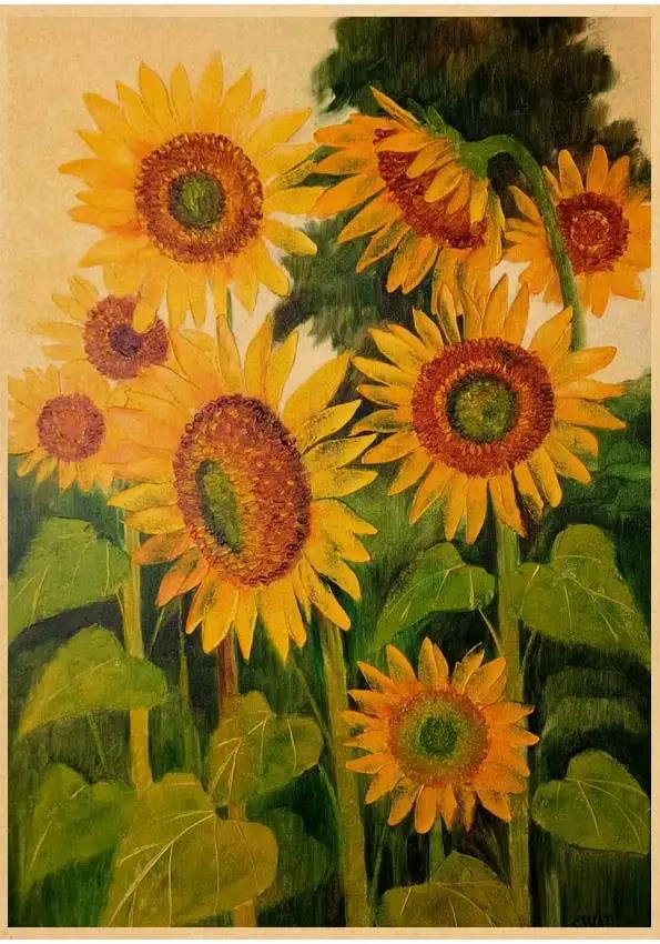 Affiches de peinture à l'huile tournesol, paysage de fleurs, papier Kraft, autocollants muraux, déco