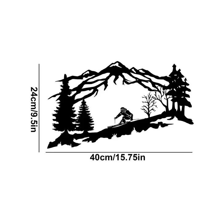 Art mural de skiier en métal, décor mural en métal sur le thème des montagnes et des arbres, cadeau 