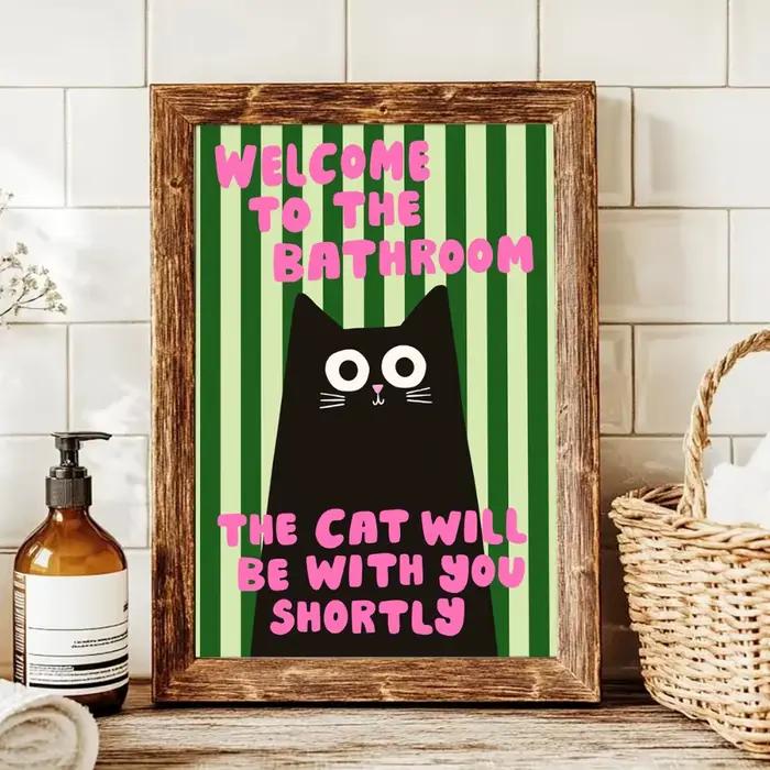 1 pièce d'impression de chat noir de salle de bains sans cadre, rayures vertes, peinture sur toile d