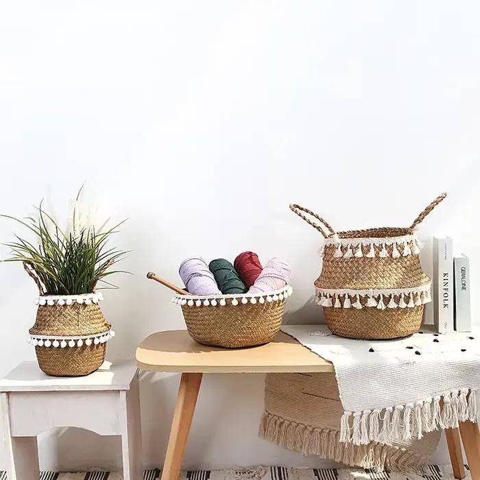 Paniers de rangement en bambou faits à la main, pliables, paille à linge, Patchwork, osier, rotin, j