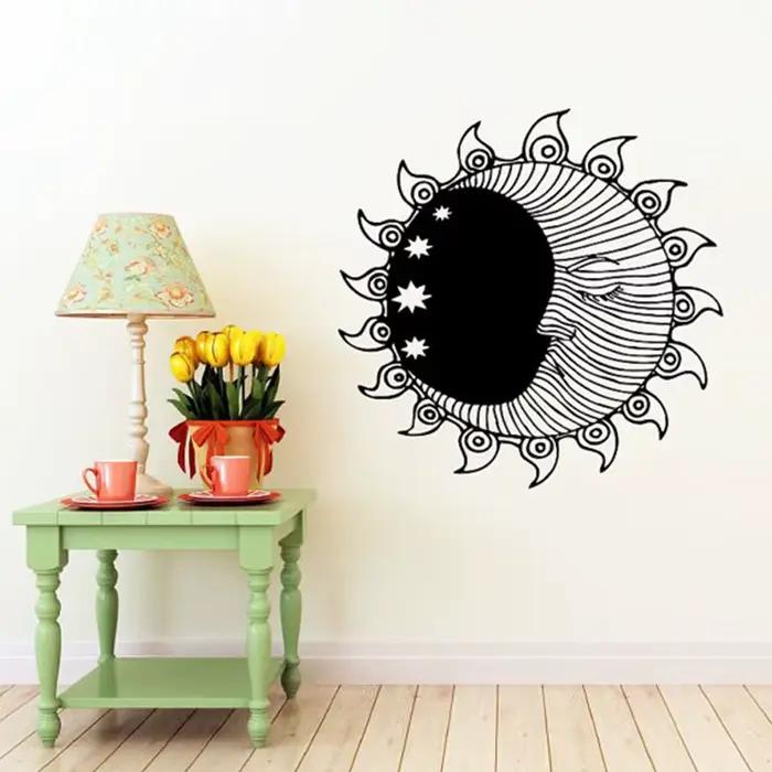 Autocollant mural soleil croissant de lune, double symbole d'étoiles ethniques, autocollants muraux 