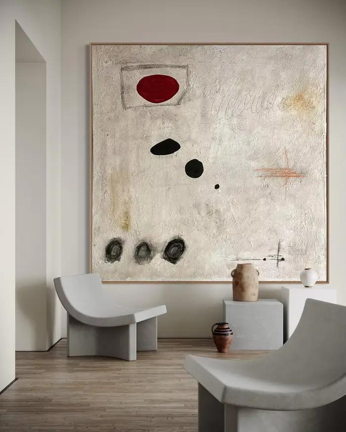 Peinture abstraite rouge extra large sur toile - Art texturé blanc minimaliste, décoration contempor