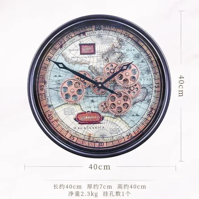 Horloge murale circulaire rétro pour salon, engrenage en fer créatif, décoration de la terre, style 