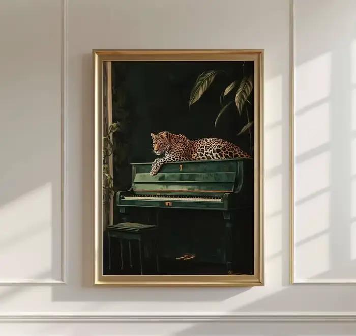 Art mural léopard élégant sur Piano vert