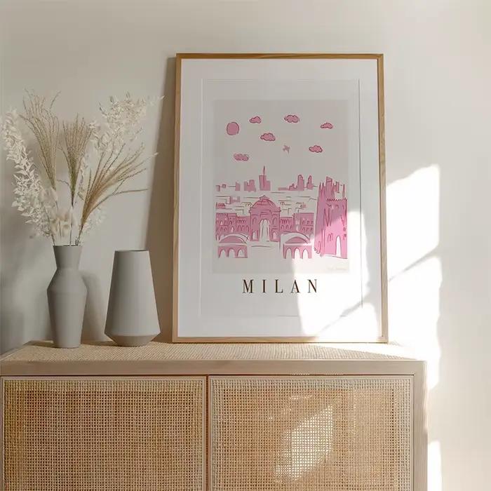 Skyline City Landscape Poster, Line Abstract Pink Art Painting, Canvas Printing, Wall Decoration, Home Bedroom Decor