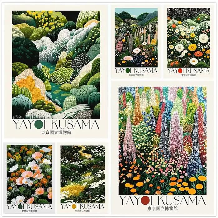 Japonais Yayoi Kusama inspiré Botanique Tokyo musée affiche Japandi coloré Floral œuvre toile peinture mur pour la