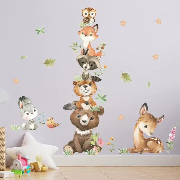 Dessin animé mignon Stickers muraux animaux de la forêt ours lapin aquarelle autocollant mural pour bébé pépinière