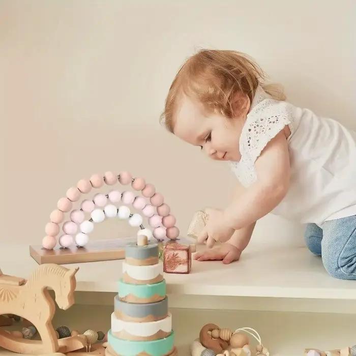 Arc-en-ciel fille 3D bébé chambre décor rose en bois perlé mur Art autonome bohème pépinière salle de jeux