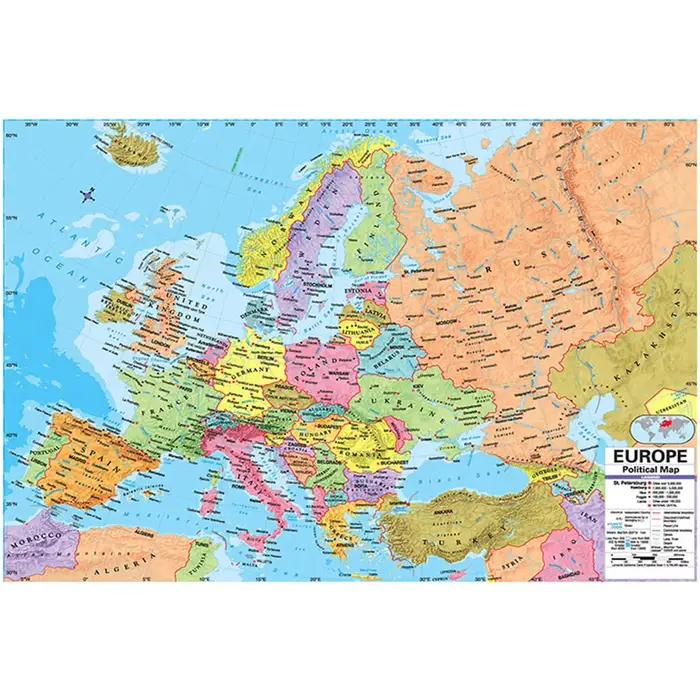 Affiche de carte de l'europe en anglais avec détails