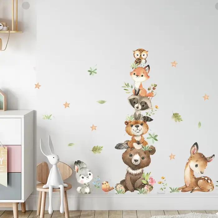 Dessin animé mignon Stickers muraux animaux de la forêt ours lapin aquarelle autocollant mural pour bébé pépinière