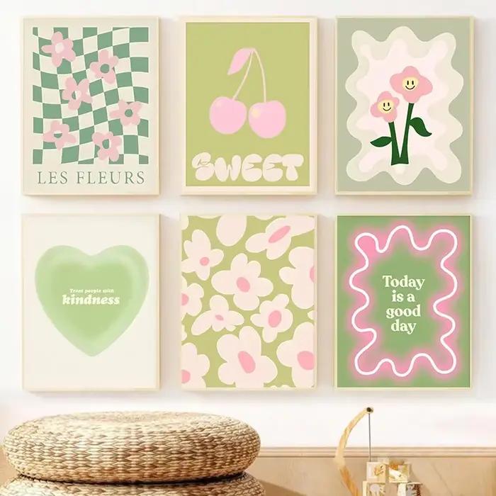 Boho vert coeur mode mur Art coloré cerise rose